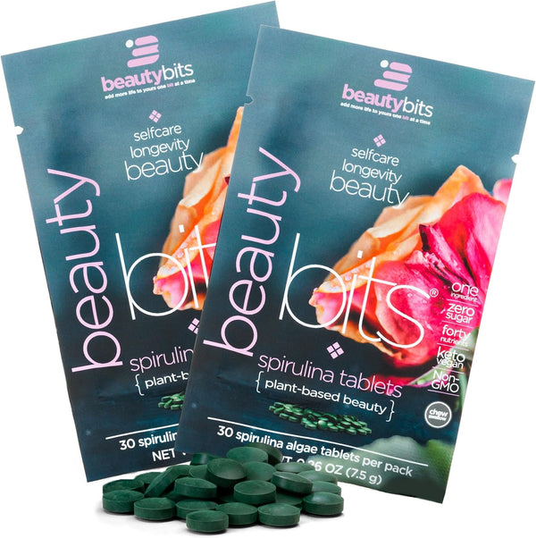 BEAUTYbits Organic Spirulina Tablets - Algae Superfood for Hair, Nails, & Skin Care, 2 Bags, 60 Tablets