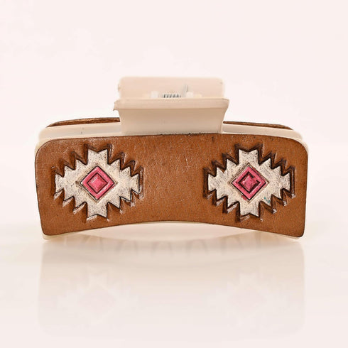 Western Cowgirl Hair Accessories Genuine Cowhide Tooled Aztec Claw Clip 3.5" for Girls Women