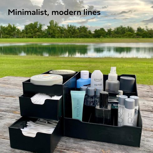 Uncluttered Designs Large Black Vanity Organizer - Countertop Mens Organizer with Drawers for Cologne & Skincare