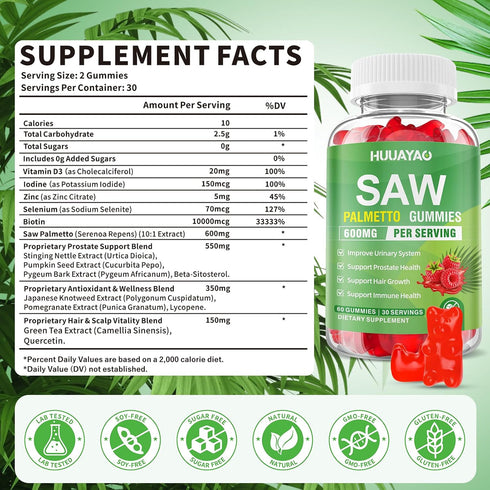 Gummies 600mg 60 Counts Saw Palmetto Saw Palmetto Supplement with Pumpkin Seed Oil, Biotin, Prostate Health Supplements