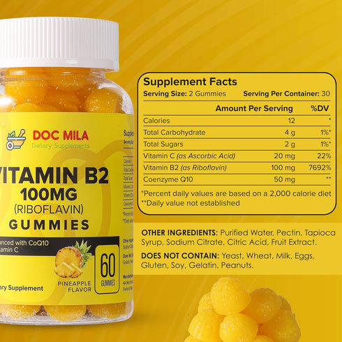 Vitamin B2 Gummies for Adults and Kids - Riboflavin Plus CoQ10 and Vitamin C - Migraine Relief Supplement (100mg, Pineapple)