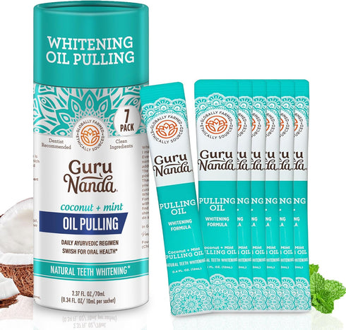 GuruNanda Oil Pulling Travel Sachets (Mickey D), 100% Pure Coconut & 7 Essential Oils, 7 Pack for Oral Health