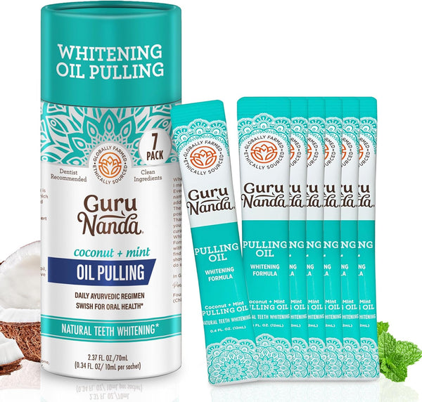 GuruNanda Oil Pulling Travel Sachets (Mickey D), 100% Pure Coconut & 7 Essential Oils, 7 Pack for Oral Health