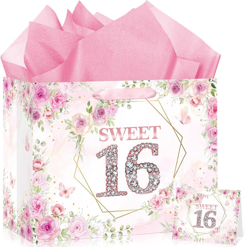 Yoirrat Sweet 16 Gift Bag with 3 Wrapping Tissue Paper & Greeting Card