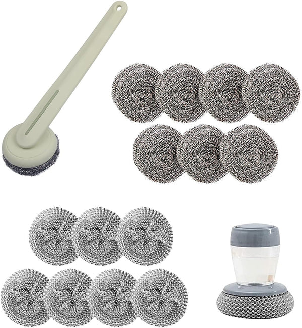 Stainless Steel Wool Brush Dish Scrubber with Handle, Set of 16 Replacement Heads for Kitchen Cleaning Metal Dish