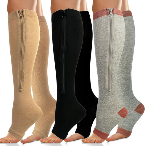 Wnicdvi 3 15-19mmHg Pairs Zipper Compression Socks for Women and Man,Open Toe Compression Socks with Zipper for Sports