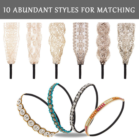 WILLBOND 10 Pieces Rhinestone Beaded Headbands, Elastic Lace Handmade Headwraps, Vintage Crystal Hair Accessories