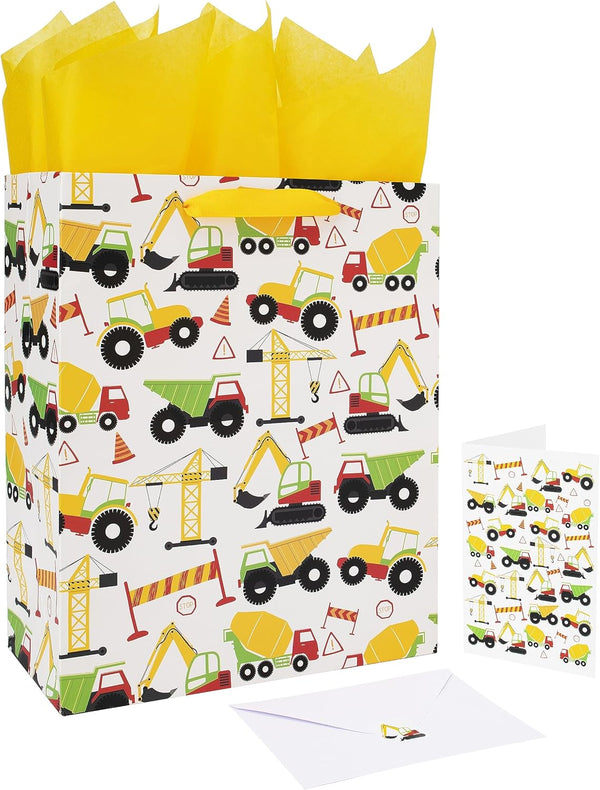 wishinside 13" Large Construction Vehicle Gift Bag Set with Greeting Card and Tissue