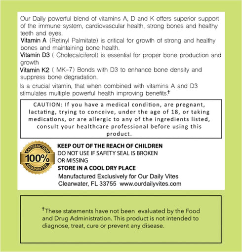 Our Daily Vites ADK Supplement - Vitamin A, D3 & K2 (as MK7) - Bone, Immune System Support - 180 CT Vegetable Capsules