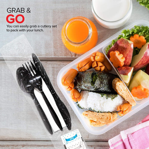 Individually Wrapped Plastic Cutlery Set with Napkin + Salt & Pepper Packets, 50 Count Prewrapped Disposable Silverware
