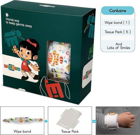 Wipeband 6-Layer Nose Wipes | Kids Wearable Bracelet with Built-in Nose Tissues | Soft Laminated Tissues | Convenient