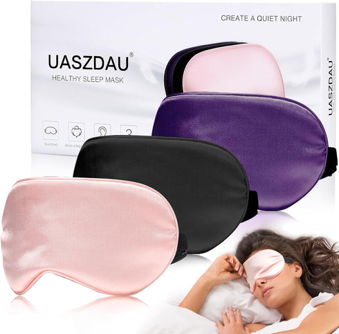 Sleep Mask Silk Eye Mask for Sleeping, Super Soft Blackout Eye Covers, Adjustable Straps, Travel Eye Mask, 3 Pack
