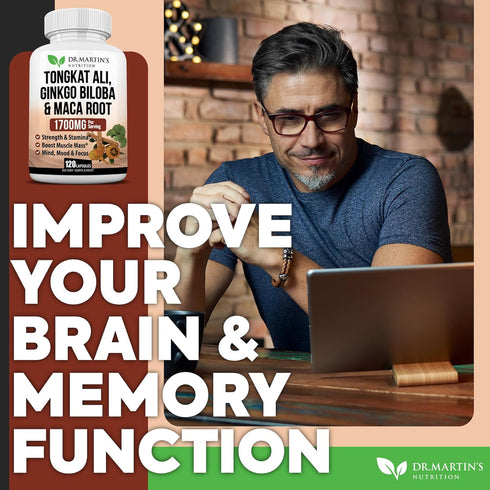 1700mg Tongkat Ali, Maca Root & Ginkgo Biloba Supplement, 120 Capsules for Strength, Stamina, Energy, and Vitality.