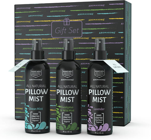 Pack Aromasong All Natural Pillow Spray for Deep Sleep- Holiday Gift of Lavender, Ocean Mist, and Eucalyptus Included