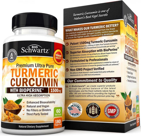 Turmeric Curcumin with Black Pepper Extract 1500mg – High Absorption Ultra Potent Supplement for Joint Support, 180