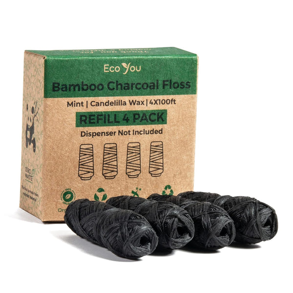 Bamboo Floss Refill | 4X100 FT Biodegradable Floss Refill | Mint & Candelilla Wax | Charcoal Dental Floss | Eco Floss