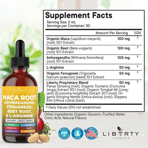 Liberty Lifestyle 4oz Organic Maca Root Liquid Drops with Ashwagandha, Nettle, Fenugreek, Beet Root and L-Arginine