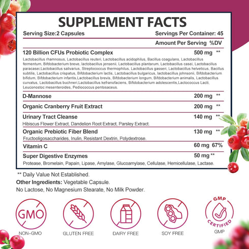 Probiotics for Women, 120 Billion CFU, 90 Capsules with Digestive Enzymes & D Mannose for Urinary Health