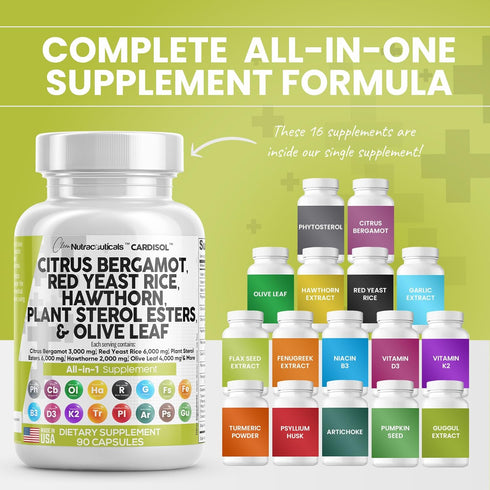 Clean Nutraceuticals Citrus Bergamot 3000mg Red Yeast Rice 6000mg Capsules with Plant Sterols 6000mg - with Hawthorn Extract Olive Leaf Niacin Vitamin K3 D3 COQ10 Guggul & More - USA Made