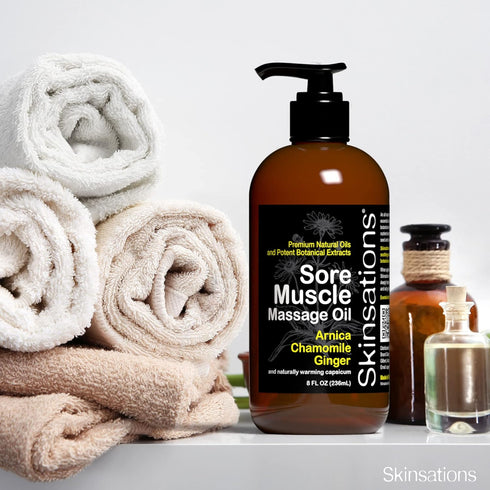 Skinsations Sore Muscle Massage Oil with Arnica Montana - Naturally Warming Capsicum, Organic Essential Oil Blend