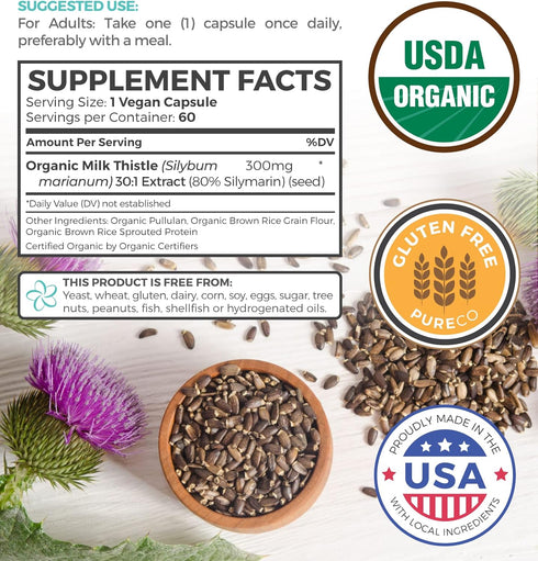 USDA Organic Milk Thistle Capsules, 80% Silymarin Supplement for Liver Support, 300mg, 60 Day Supply