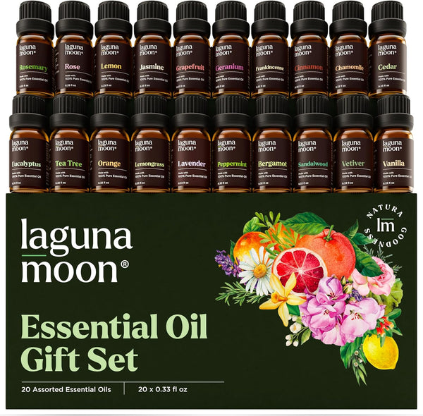 Lagunamoon Essential Oils Set - Top 20 Gift Set Oils for Diffusers, Aromatherapy, Candle Making Scents (10mL)