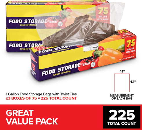 1 Gallon Food Storage Bags with Twist Ties (225 Count) Bulk Freezer Storage Bags Gallon Size for Bread, Vegetables, Fruit, and More, Clear Disposable Twist Tie Storage Bags, Stock Your Home by Stock Your Home