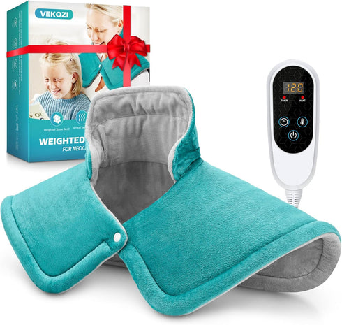 Weighted Neck Heating Pad for Back Pain Relief, Large 17"x23", 6 Heat Settings, Auto-Off, Blue, Christmas Gifts for