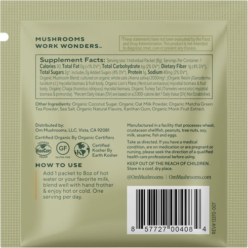Packets (10 Count) OM MUSHROOM SUPERFOOD Matcha Latte Blend Green Tea Mushroom Powder with Lions Mane, Reishi, Chaga