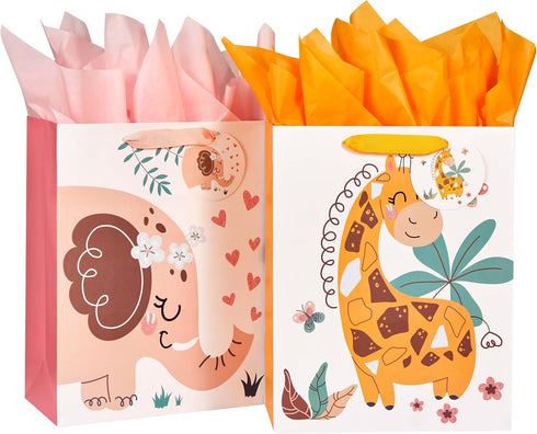 SUNCOLOR 2 Pack 13" Gift Bags for Baby with Tissue Paper Included