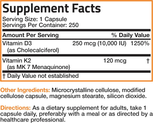 K2 (MK7) D3 10,000 D3 120 K2 MK-7 250 Bronson Vitamin with Extra Strength Supplement Bone and Heart Health Non-GMO