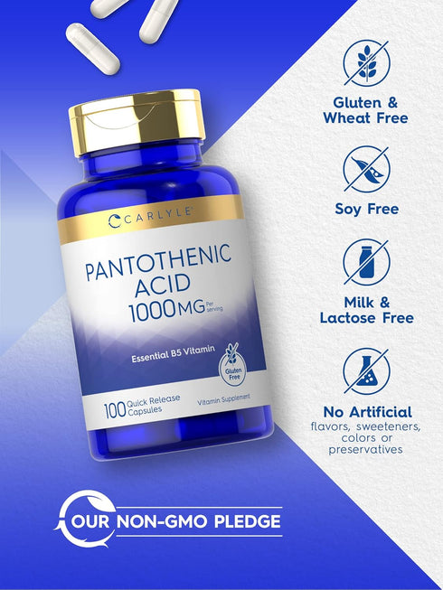 Carlyle Pantothenic Acid | 1000mg | 100 Capsules | Essential B5 Vitamin, Non-GMO, Gluten Free Supplement