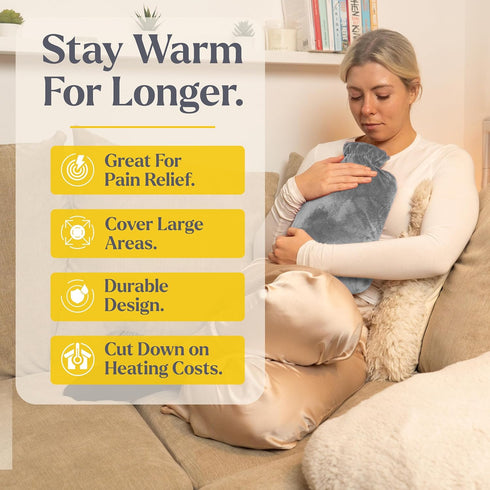 Qomfor 3L Hot Water Bottle - with Soft Premium Fleece Cover - Gray, - Heating Pad for Menstrual Cramps & Period Comfort