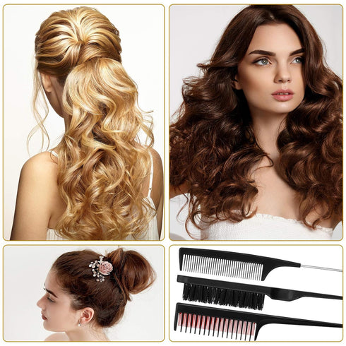 Patelai 3 Pieces Hair Styling Set - Fluffy Brush, Rat Tail Comb, Triple Teasing Comb for Back Combing (Black)