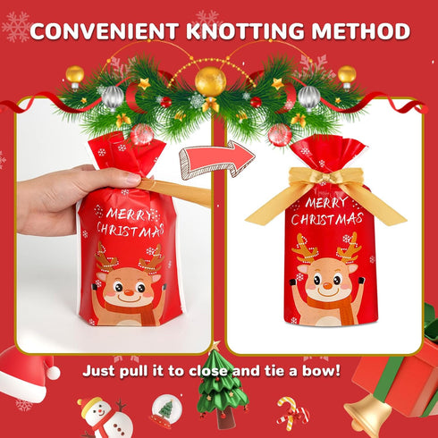 DLY 50 Pcs Christmas Candy Bags - Plastic Drawstring Gift Bags for Treats and Party Favors