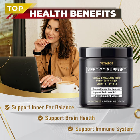 VEGATOT Vertigo Supplement 8,580MG - Inner Ear Support with Ginkgo Biloba, Lion's Mane, Ginger, Vit B1, B6, B12