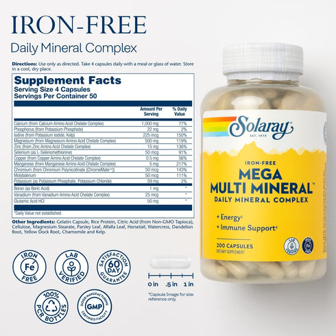 Solaray Mega Multi Mineral No Iron, Vitamin Capsules (076280045147) (200 Capsules, 50 Servings)