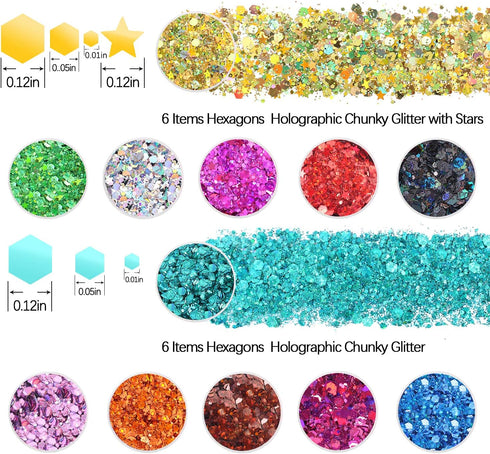 Holographic Chunky Glitter Sequins - 12 Colors Mixed Cosmetic Glitter for Face Body Eye Hair Nail Art Makeup