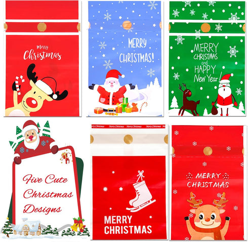 DLY 50 Pcs Christmas Candy Bags - Plastic Drawstring Gift Bags for Treats and Party Favors