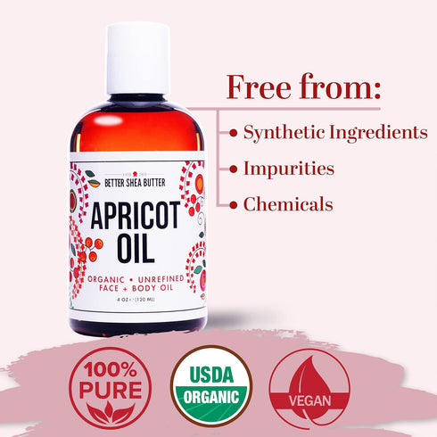 Organic Apricot Oil | 100% Pure, Cold Pressed | Massage Oil for Body and Face, 4 oz by Better Shea Butter
