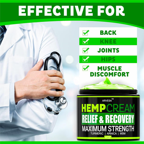 Natural Hemp Cream for Joints, Back, Neck, Elbows, with Hemp + Turmeric + Arnica, 4 fl oz, Made in The USA