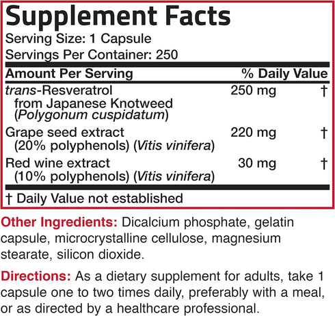 Bronson Resveratrol 500 Complex, Standardized Trans-Resveratrol with Grape Seed & Red Wine Extract, 250 Capsules