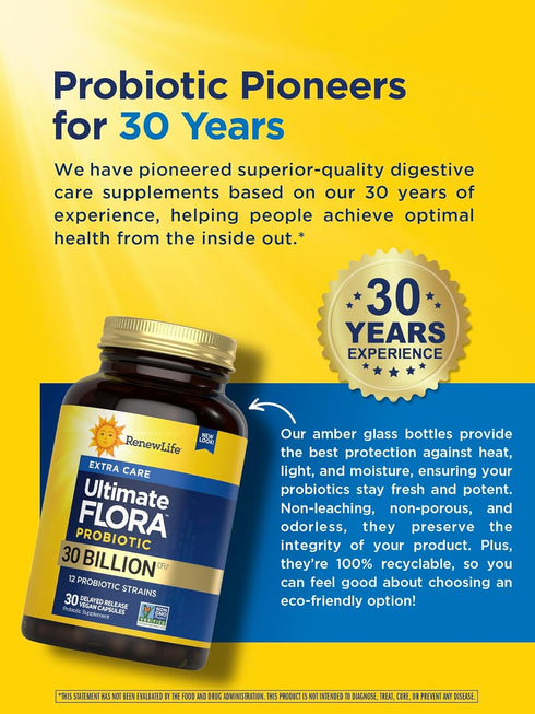 Renew Life Extra Care Digestive Probiotic Capsules, 30 Count, 30 Billion CFU, L. Rhamnosus GG, Dairy, Soy, Gluten-Free,