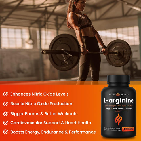 Premium L Arginine Supplement - 5-in-1 Nitric Oxide Supplement - 60 Vegan Capsules for Energy, Blood Flow, Heart Health