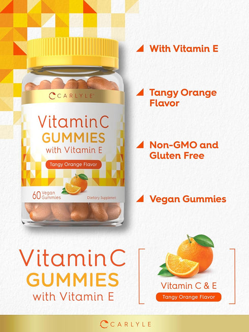 Gummies 60 Count Carlyle Vitamin C | | Orange Flavor | with Vitamin E | Vegan, Non-GMO, and Gluten Free Supplement