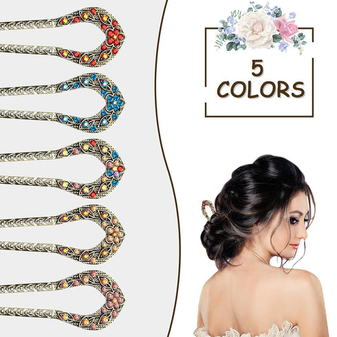 Waydress 5 Pcs Vintage Hair Fork, French Hair Pin for Buns, Metal Chignon Pin with Crystal Rhinestone Double Prong