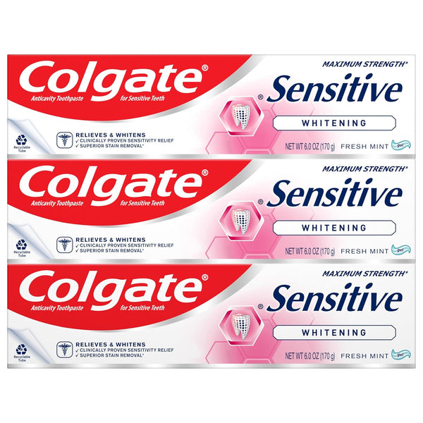 Colgate Whitening Toothpaste for Sensitive Teeth, Fresh Mint Gel, Enamel Repair, Cavity Protection, 6 Oz (Pack of 3)