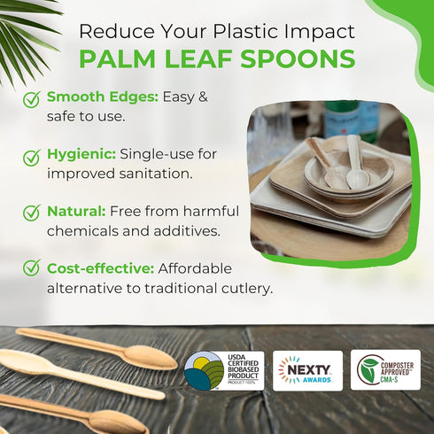 Palm Leaf Spoons 6 Inches (50 Count), Bamboo Spoons, Eco-friendly Compostable Disposable Cutlery for Parties