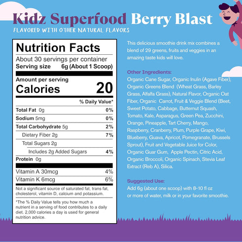Amazing Grass Kidz Superfood: Organic Greens, Fruits, Veggies, Beet Root Powder & Probiotics, Berry Blast, 30 Servings