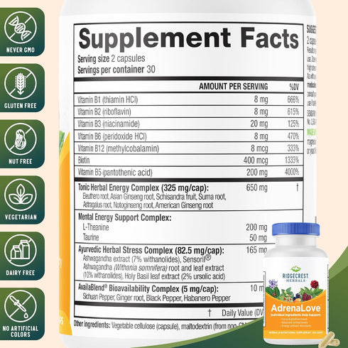 Ridgecrest Herbals AdrenaLove, Stress and Energy Support Supplement, 60 Vegan Caps, 30 Serv